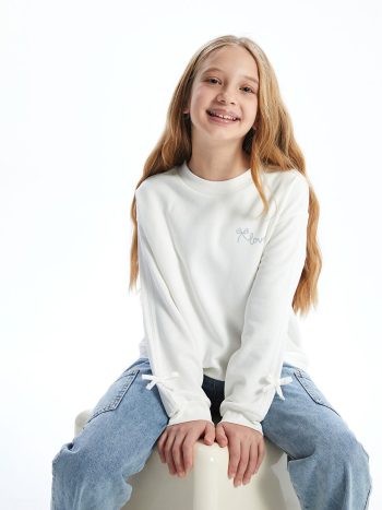LCW Kids Cream Crew Neck Bow Detail Thick Sweatshirt