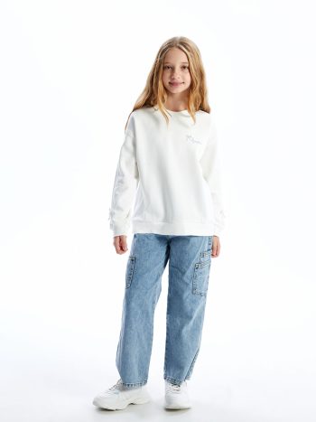 LCW Kids Cream Crew Neck Bow Detail Thick Sweatshirt