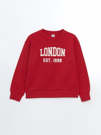 LCW Kids Red Crew Neck London Printed Girls Sweatshirt