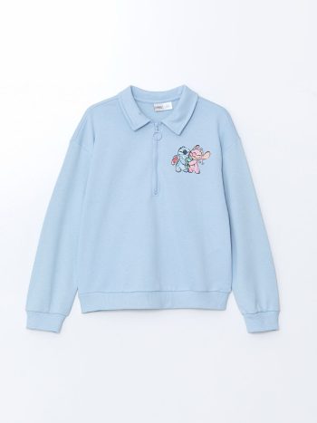 LCW Kids Blue Polo Collar Lilo and Stitch Printed Girls Sweatshirt
