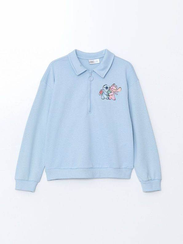 LCW Kids Blue Polo Collar Lilo and Stitch Printed Girls Sweatshirt