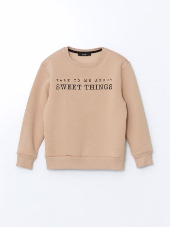 LCW Kids Beige Printed Crew Neck Sweatshirt for Girls