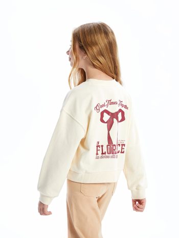 LCW Kids Beige Crew Neck Ribbon Print Girls Thick Crop Sweatshirt