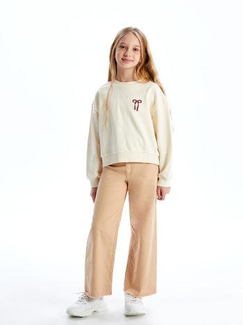 LCW Kids Beige Crew Neck Ribbon Print Girls Thick Crop Sweatshirt