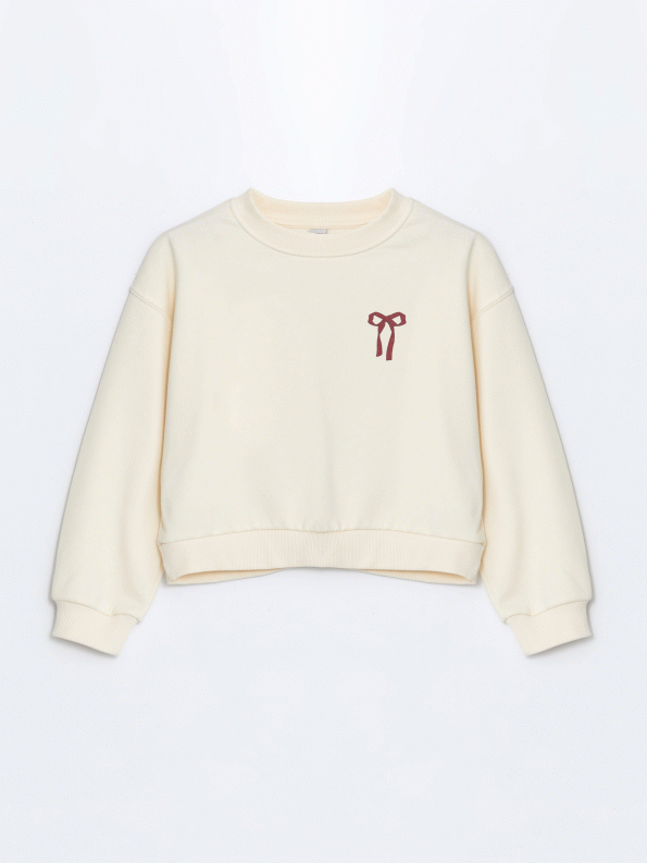 LCW Kids Beige Crew Neck Ribbon Print Girls Thick Crop Sweatshirt