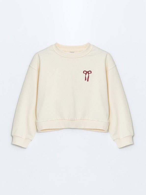 LCW Kids Beige Crew Neck Ribbon Print Girls Thick Crop Sweatshirt
