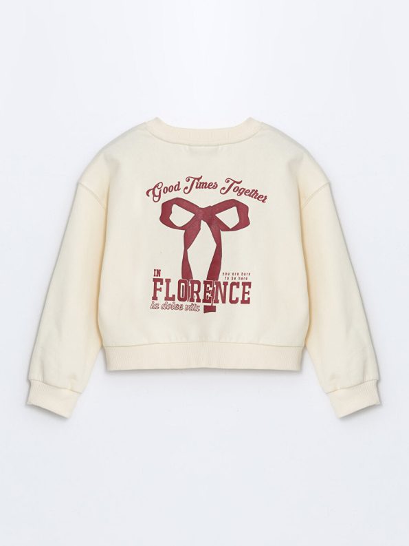 LCW Kids Beige Crew Neck Ribbon Print Girls Thick Crop Sweatshirt