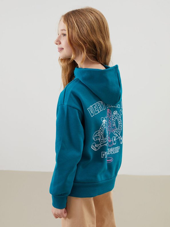 LCW Kids Turquoise Hooded Girls Thick Sweatshirt