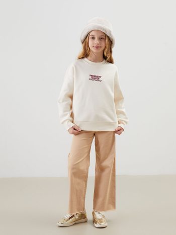 LCW Kids Cream Round Neck Thick Sweatshirt for Girls