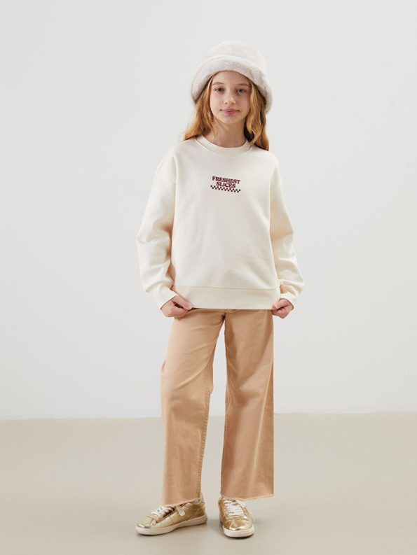 LCW Kids Cream Round Neck Thick Sweatshirt for Girls