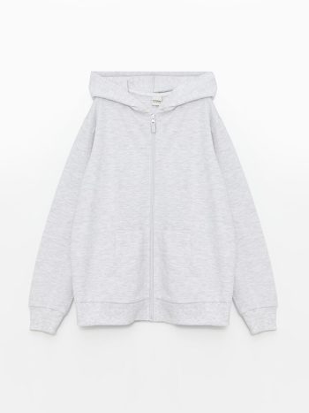 LCW Kids Gray Hooded Basic Long Sleeve Zipper Sweatshirt for Girls