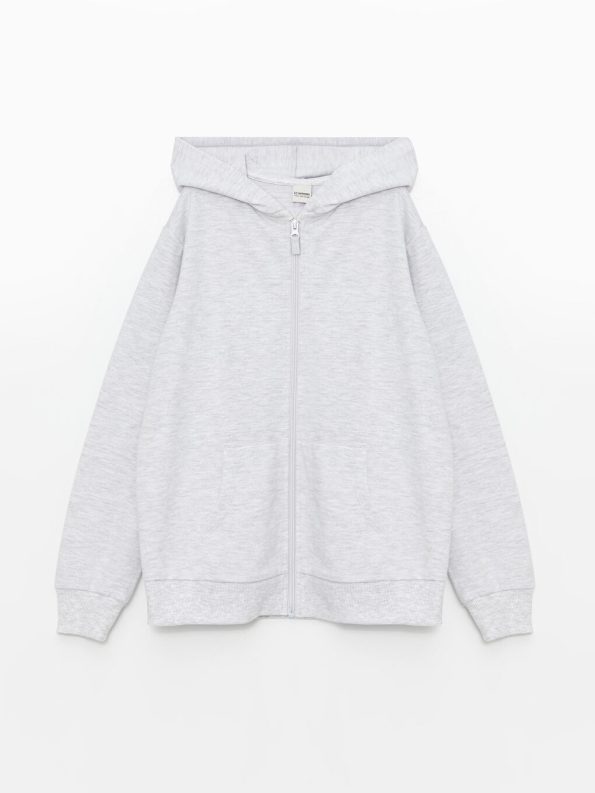 LCW Kids Gray Hooded Basic Long Sleeve Zipper Sweatshirt for Girls