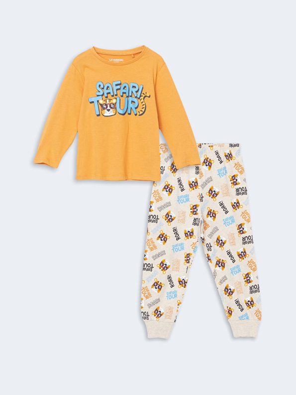 LCW Kids Orange Printed Crew Neck Pajama Set for Boys