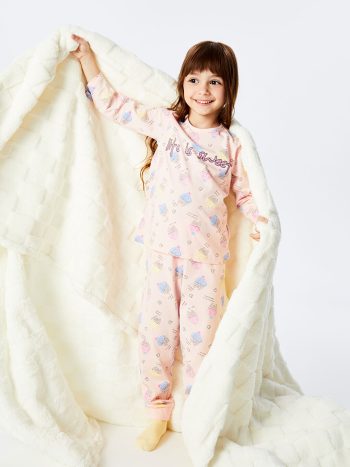 LCW Kids Pink Printed Crew Neck Girls Pajama Set