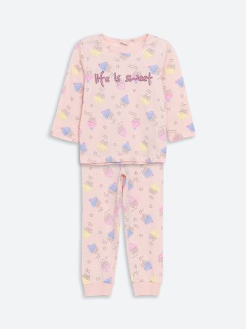 LCW Kids Pink Printed Crew Neck Girls Pajama Set