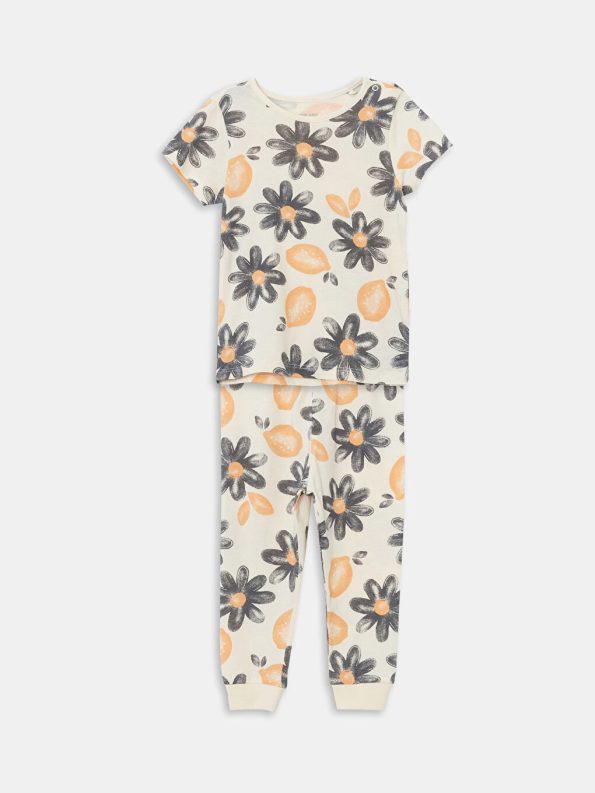 LCW Baby Beige Floral Print Girls Baby Pajama Set