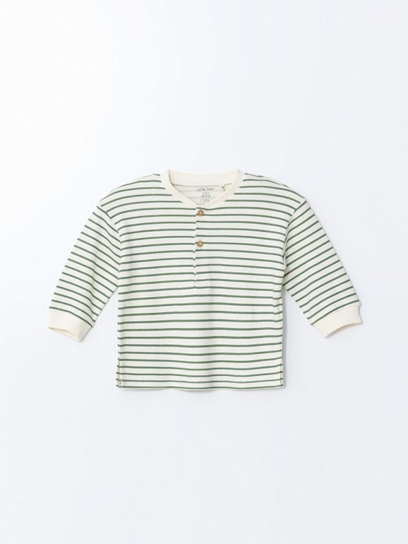 LCW Baby Cream Buttoned Striped Boys T-Shirt