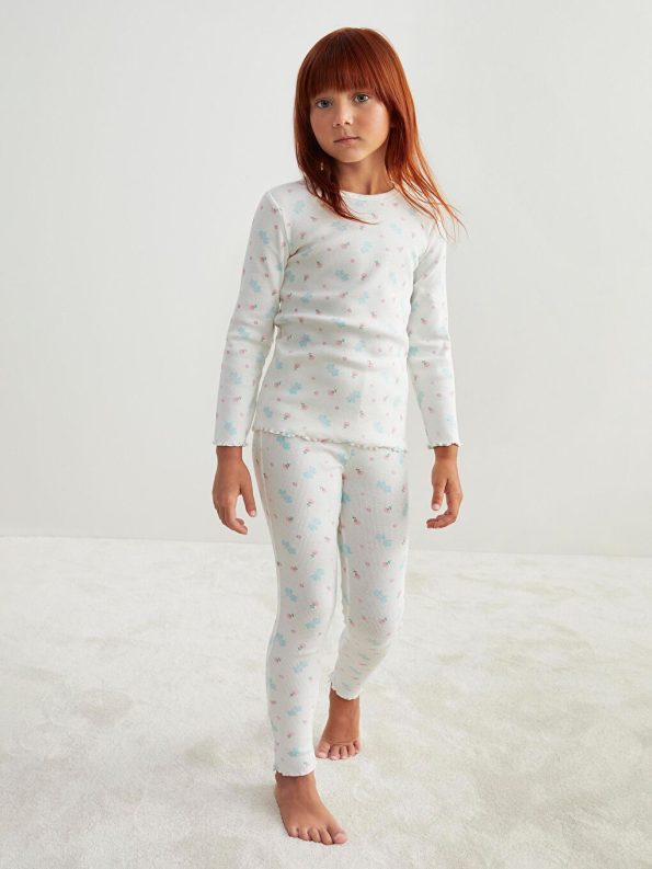 LCW Kids Cream Floral Print Girls Pajama Set
