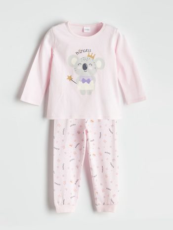 LCW Kids Pink Crew Neck Printed Long Sleeve Girls Pajama Set