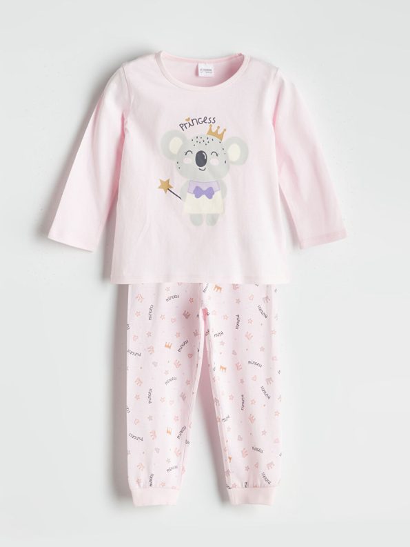 LCW Kids Pink Crew Neck Printed Long Sleeve Girls Pajama Set