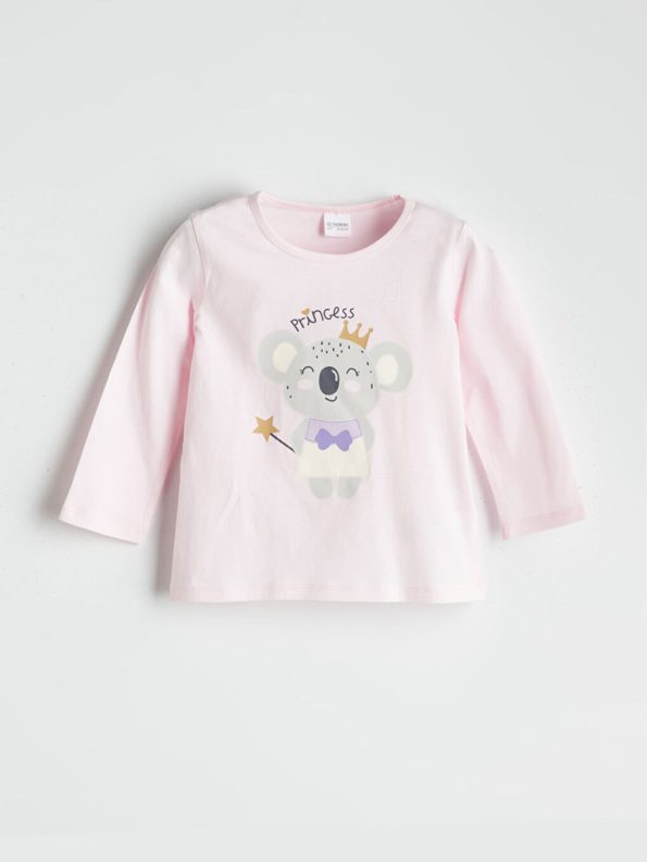 LCW Kids Pink Crew Neck Printed Long Sleeve Girls Pajama Set