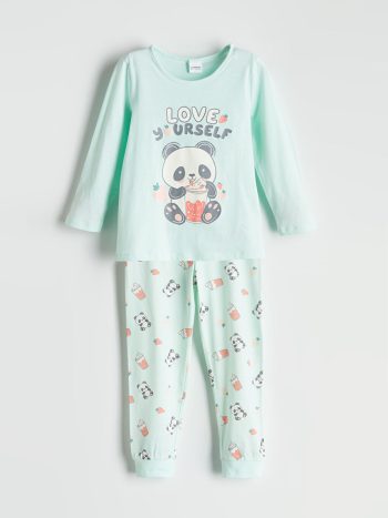 LCW Kids Turquoise Printed Long Sleeve Pajama Set for Girls