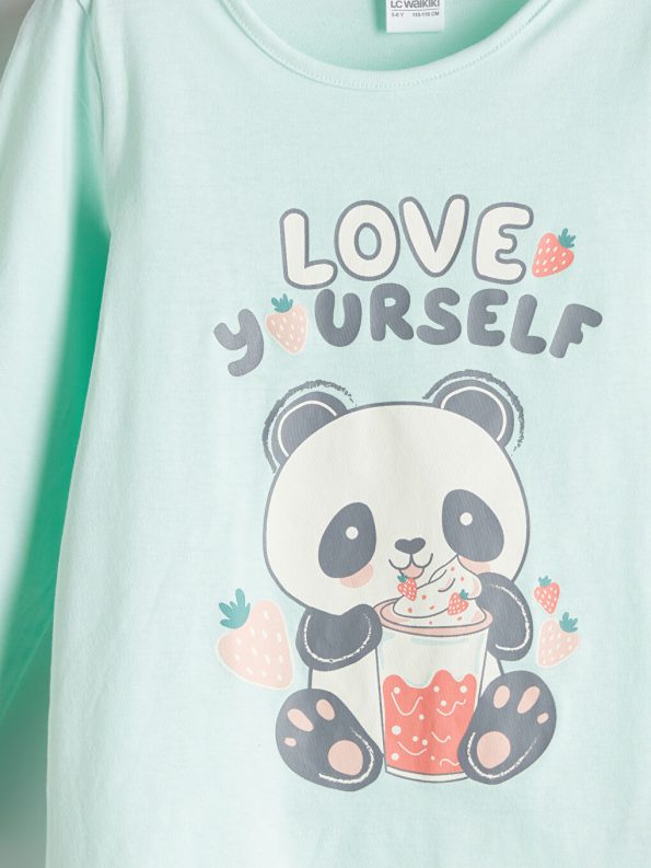 LCW Kids Turquoise Printed Long Sleeve Pajama Set for Girls