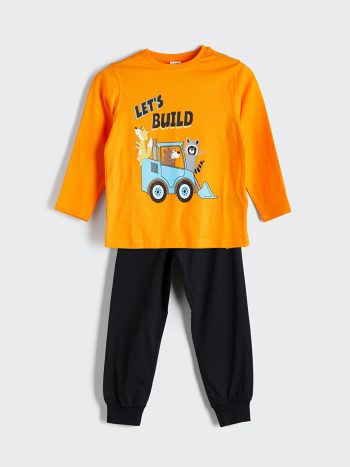 LCW Kids Orange Long Sleeve Printed Boys Pajama Set