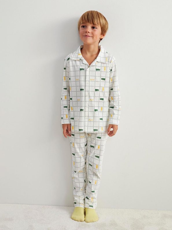LCW Kids Cream Checkered Long Sleeve Shirt Collar Pajama Set for Boys