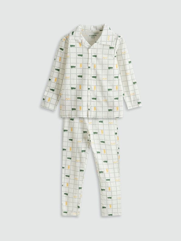 LCW Kids Cream Checkered Long Sleeve Shirt Collar Pajama Set for Boys