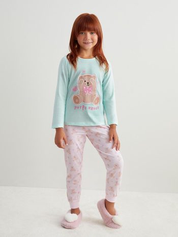 LCW Kids Pink Crew Neck Printed Girls Pajama Set