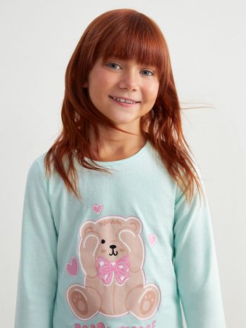 LCW Kids Pink Crew Neck Printed Girls Pajama Set