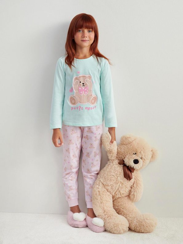 LCW Kids Pink Crew Neck Printed Girls Pajama Set