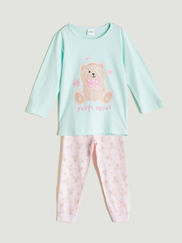 LCW Kids Pink Crew Neck Printed Girls Pajama Set