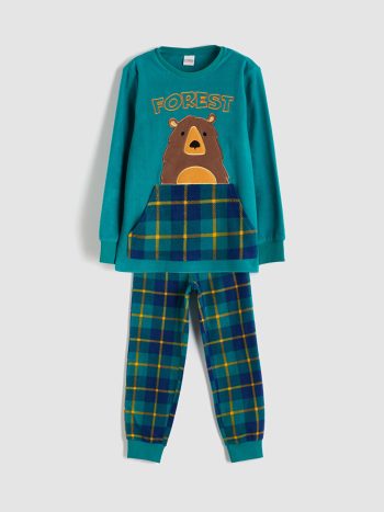 LCW Kids Green Crew Neck Fleece Boys Pajama Set