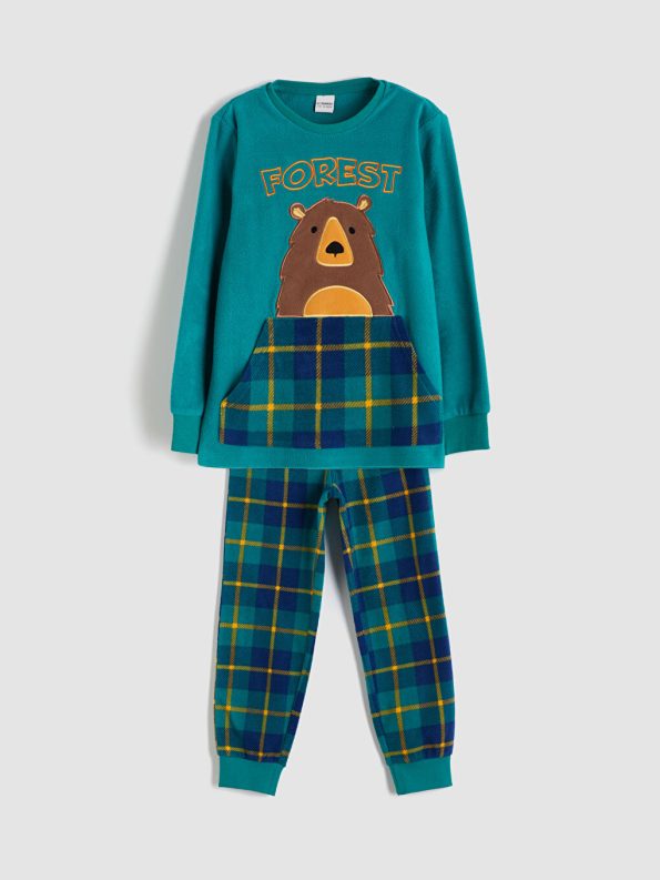 LCW Kids Green Crew Neck Fleece Boys Pajama Set