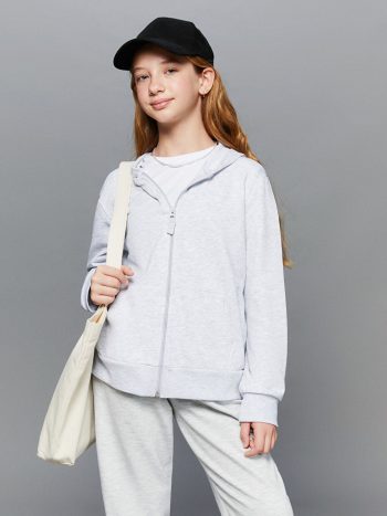 LCW Kids Gray Hooded Basic Long Sleeve Zipper Sweatshirt for Girls