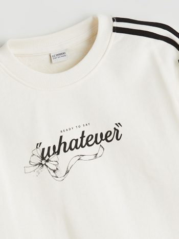 LCW Kids Cream Printed Round Neck Girls Sweatshirt