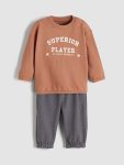 Brown Printed Long Sleeve Crew Neck T-Shirt and Sweatpants Set for Baby Boys