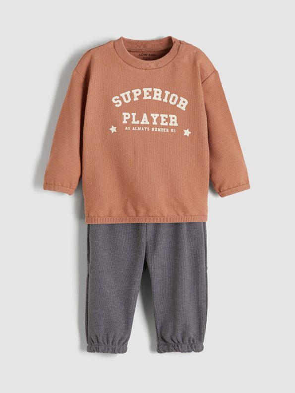 Brown Printed Long Sleeve Crew Neck T-Shirt and Sweatpants Set for Baby Boys