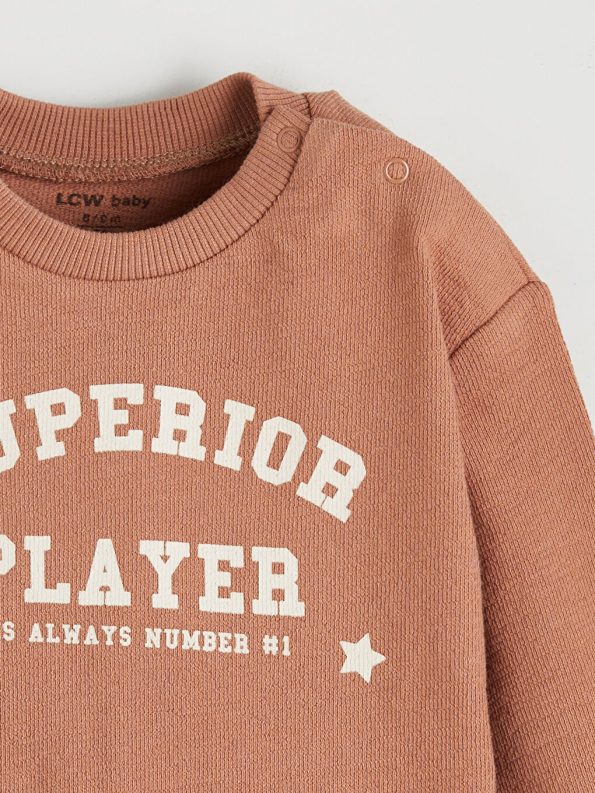Brown Printed Long Sleeve Crew Neck T-Shirt and Sweatpants Set for Baby Boys