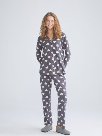 LCW DREAM Gray Shirt Collar Heart Printed Maternity Pajama Set