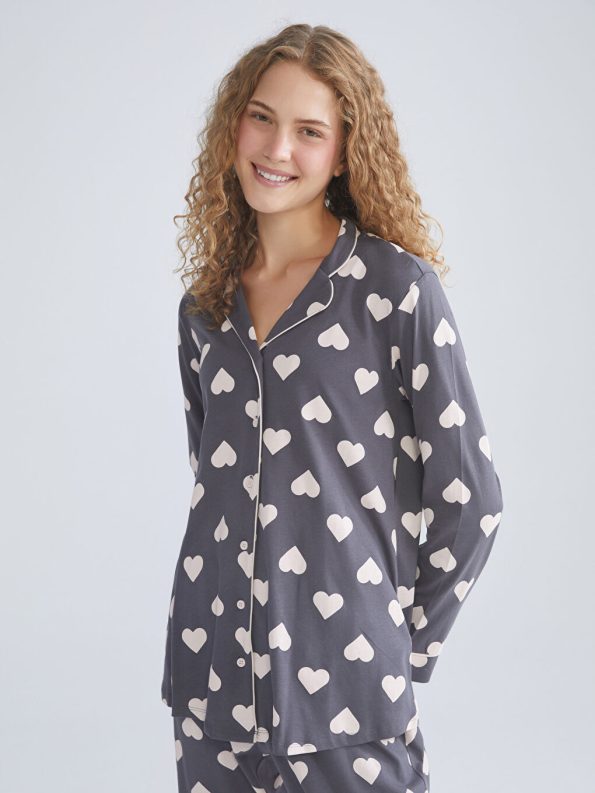 LCW DREAM Gray Shirt Collar Heart Printed Maternity Pajama Set
