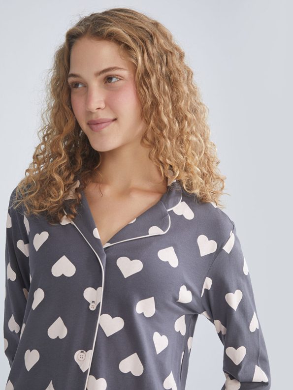 LCW DREAM Gray Shirt Collar Heart Printed Maternity Pajama Set