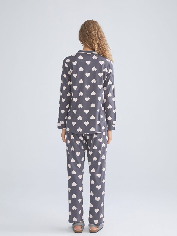 LCW DREAM Gray Shirt Collar Heart Printed Maternity Pajama Set