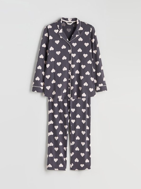 LCW DREAM Gray Shirt Collar Heart Printed Maternity Pajama Set