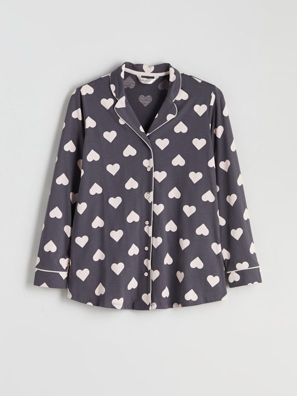 LCW DREAM Gray Shirt Collar Heart Printed Maternity Pajama Set