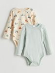LCW Baby Cream Bicycle Neck Printed Boy Baby Bodysuit Set of 2