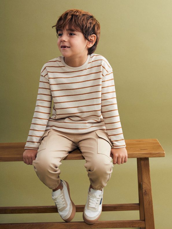 LCW Kids Gray Striped Crew Neck T-Shirt for Boys