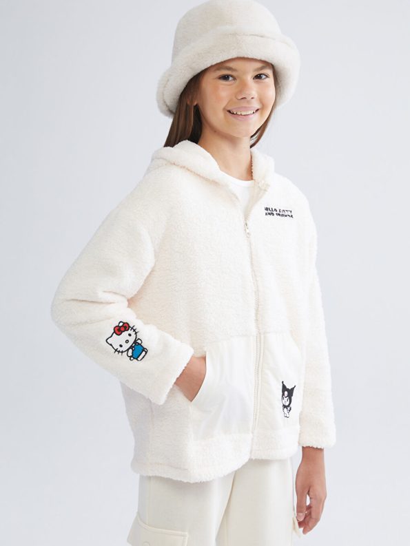 LCW Kids Cream Hooded Hello Kitty Embroidered Plush Girl's Cardigan